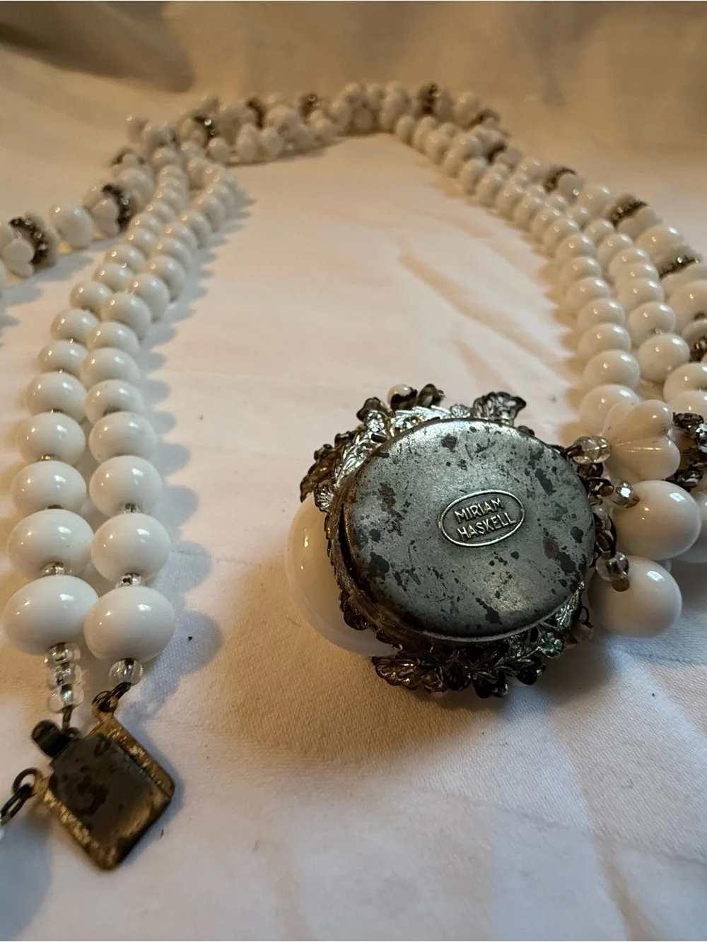 Miriam Haskell White Beaded Multi-Strand Necklace with Rhinestone Spacers